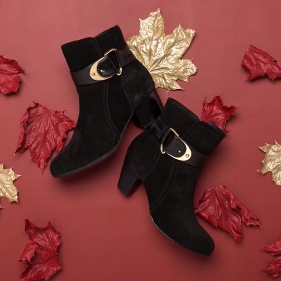 Black Distressed Suede Block Heel Ankle Booties - Picture 3 of 8